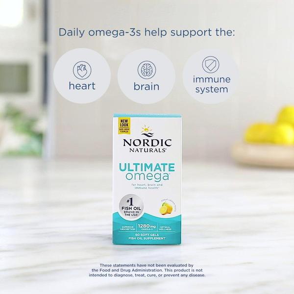 This static square ad features a clean, benefit-focused layout for a fish oil supplement, highlighting heart, brain, and immune support icons.